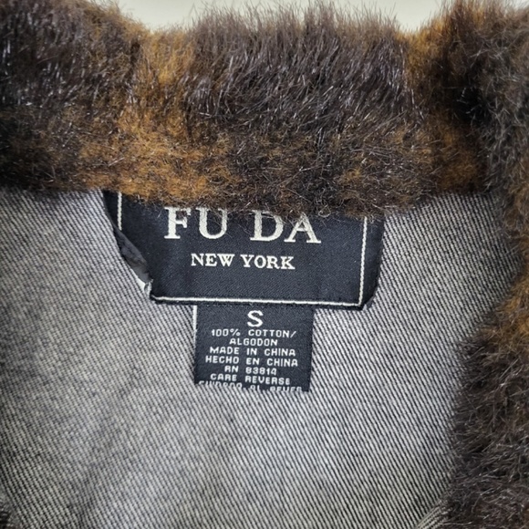 Y2K Denim Jacket Fur Lined Collar Button Up Down Long Sleeve Dark Wash - Picture 14 of 14